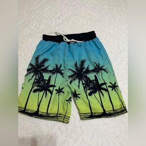 (G) SHEIN Tropical Palm Tree Swim Shorts - Blue and Green